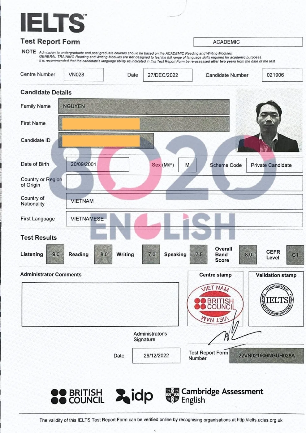 Bảng điểm IELTS học viên 3